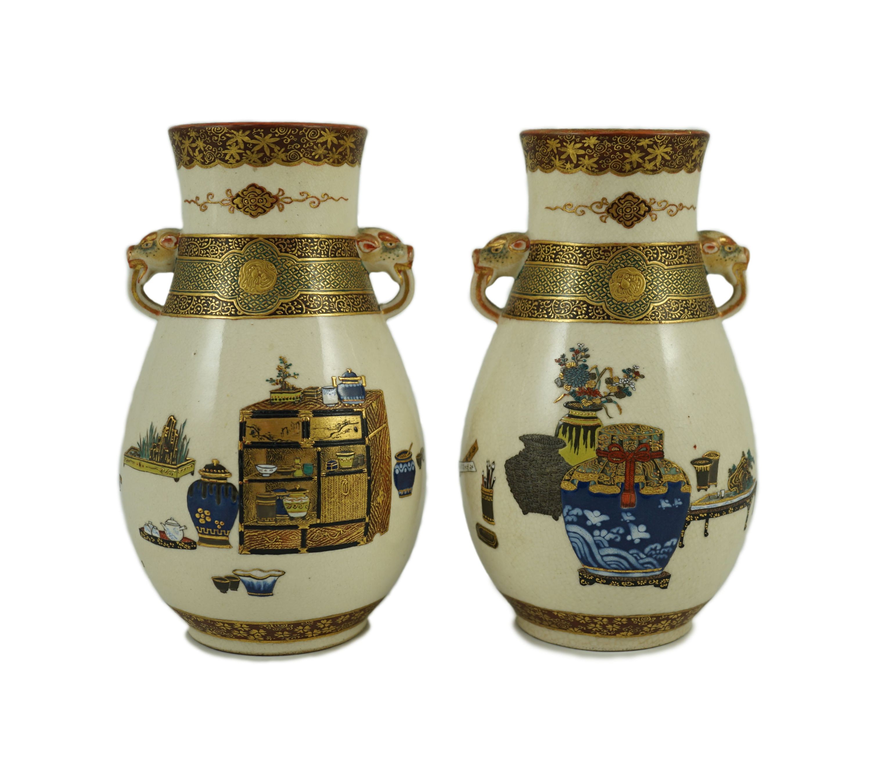 A pair of Japanese Satsuma pottery vases, by Bizan, Meiji period, 18.2cm high